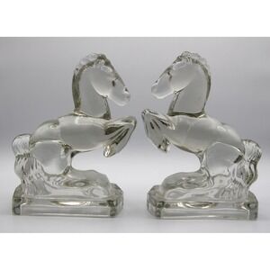 Vintage Clear Glass Horse Bookends Pair Rearing Stallion Art Deco Style 8 Inch